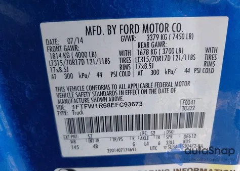 2014 Ford F-150 Svt Raptor z USA, uszkodzony, nr VIN 1FTFW1R68EFC93673